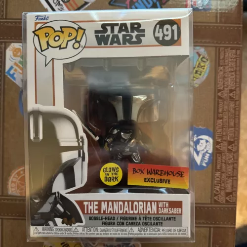 Funko Pop! Mandalorian with Darksaber #491 GITD Star Wars Figure Box Warehouse