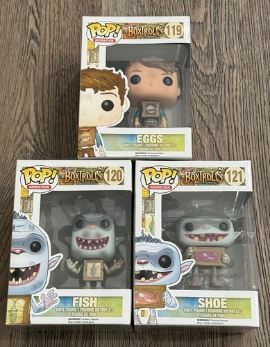 Funko Pop! The BoxTrolls - Eggs #119 Fish #120 & Shoe #121 Vaulted Box Flaws
