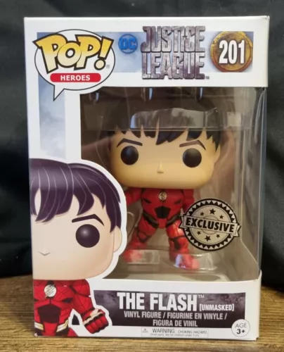 THE FLASH UNMASKED FUNKO POP!  HEROES # 201 JUSTICE LEAGUE PRE-OWNED