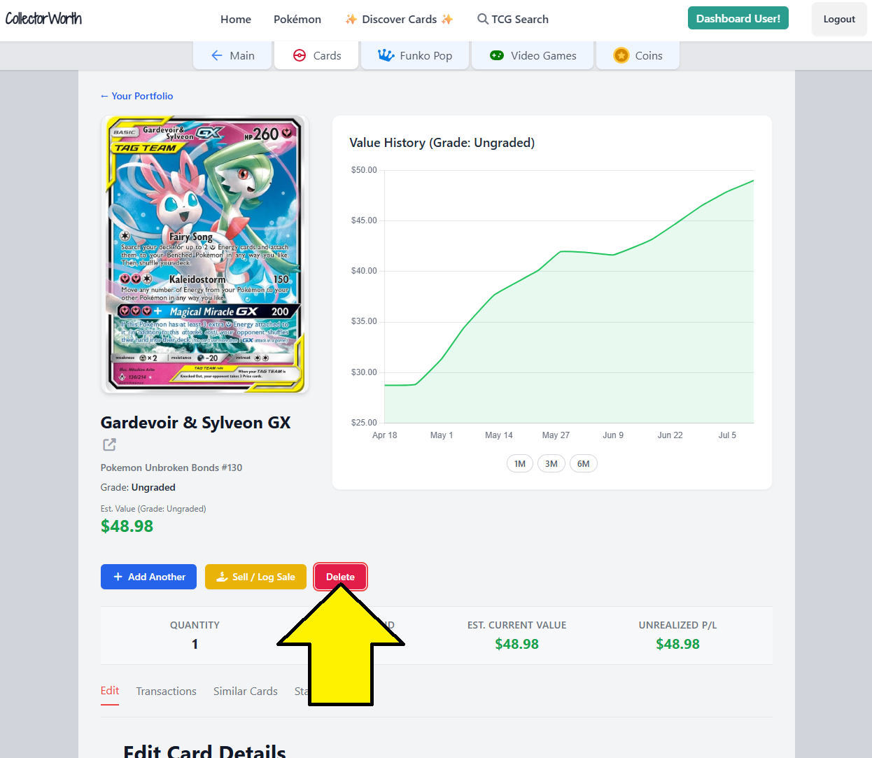Screenshot of item delete button