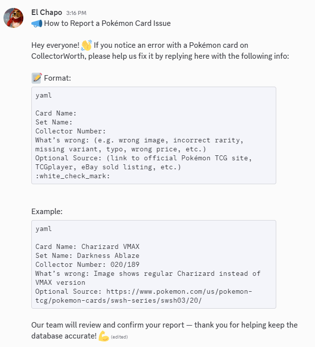 Screenshot of the Discord channel for reporting issues.