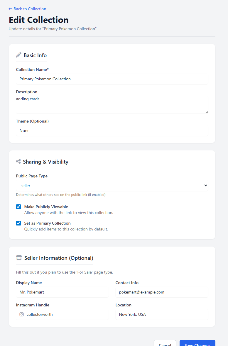 Screenshot showing the settings modal for a collection.